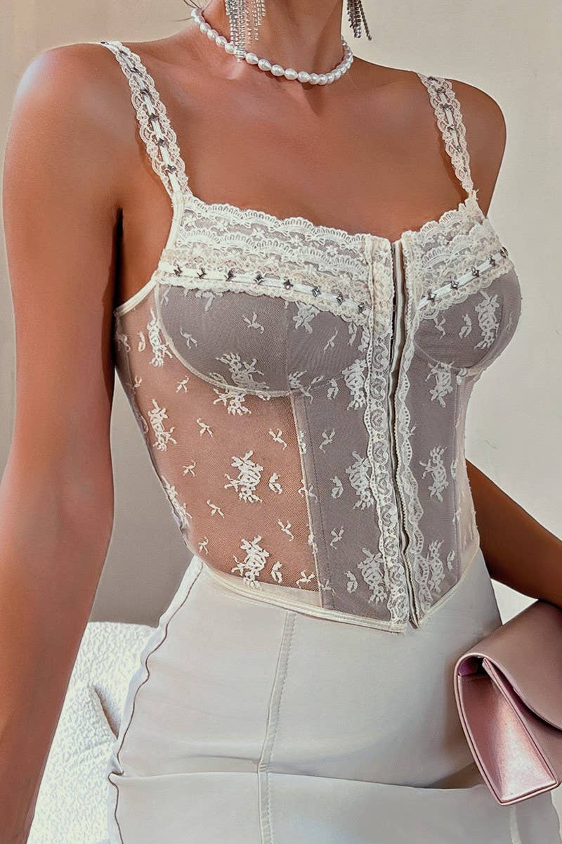 Women's beige floral lace camisole corset crop top - photo 3