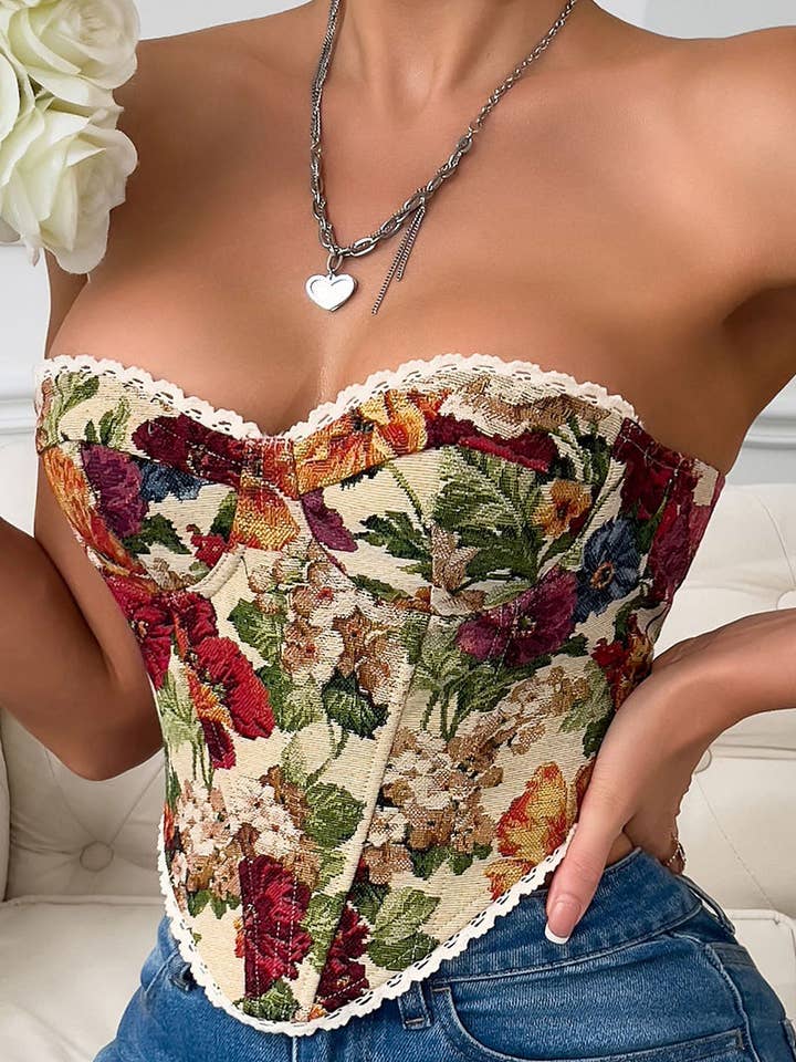 Women's Floral Lace-Trim Strapless Corset Top - view 3