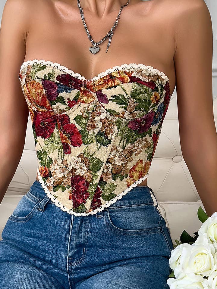 Women's Floral Lace-Trim Strapless Corset Top - view 4