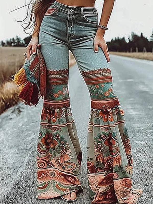 Women's blue floral print high-waisted flare jeans – alternate view
