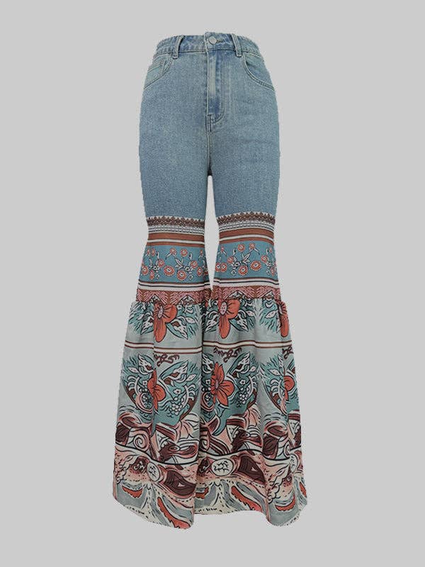 Women's blue floral print high-waisted flare jeans – styled view
