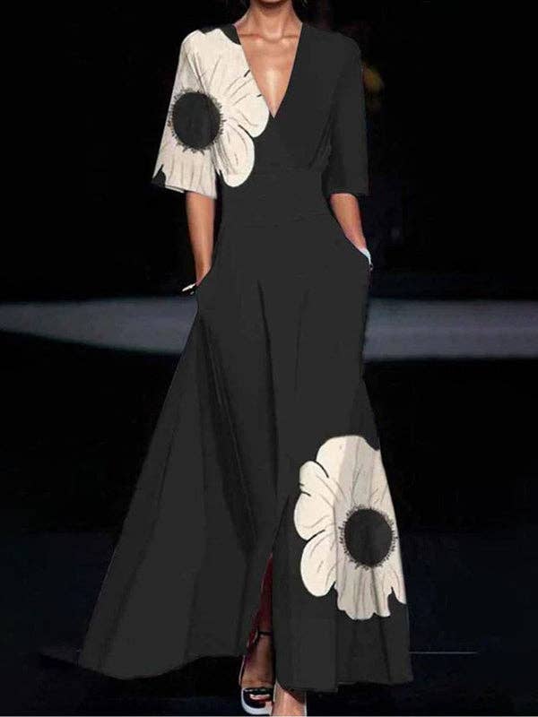 Women's black floral print V-neck A-line maxi dress with pockets
