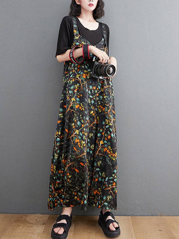 Women's black and gold floral print V-neck wide-leg overall jumpsuit – detail view