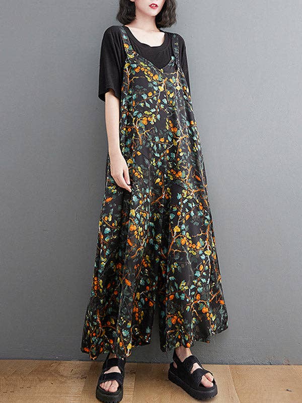 Women's black and gold floral print V-neck wide-leg overall jumpsuit – styled view