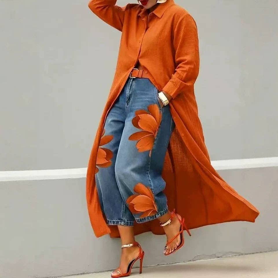 Women's orange floral print wide-leg denim pants – styled view