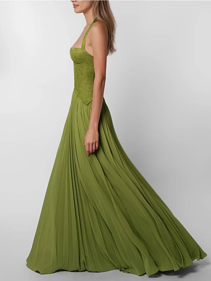 Women's Green Halter Lace Corset Pleated Maxi Dress - view 3