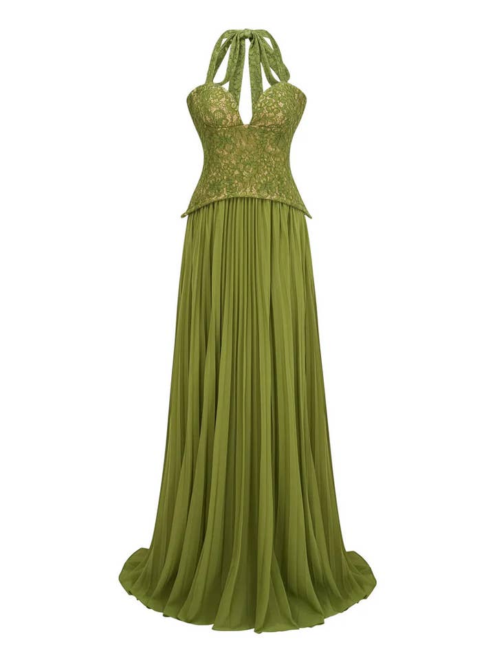 Women's Green Halter Lace Corset Pleated Maxi Dress - view 5