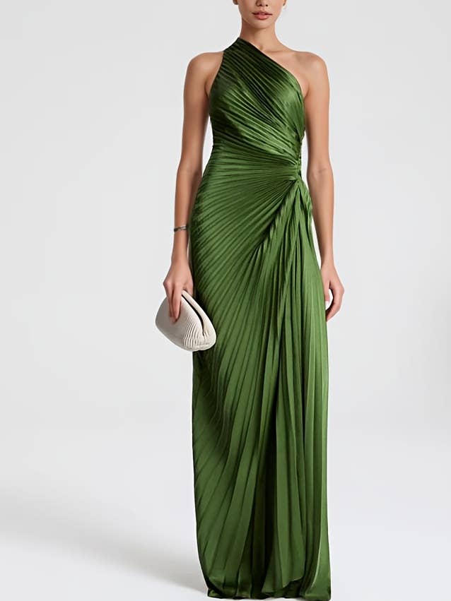 Women's Green One-Shoulder Pleated Maxi Dress - front view