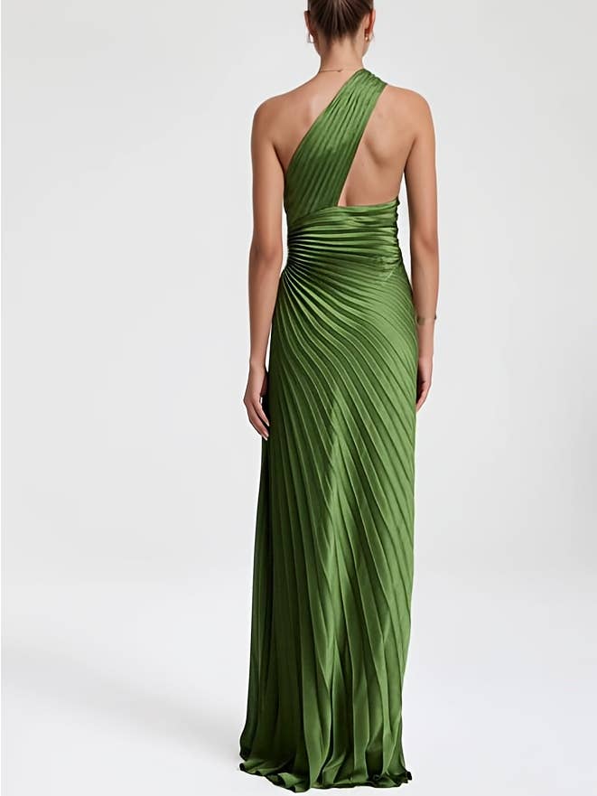 Women's Green One-Shoulder Pleated Maxi Dress - view 2
