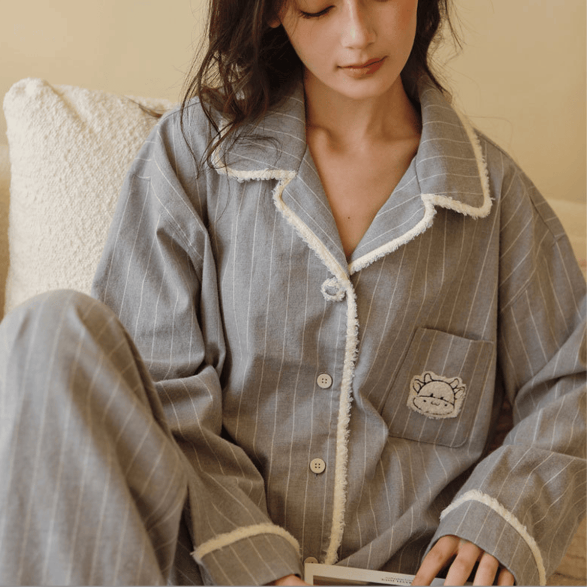 Women's grey pinstripe brushed cotton flannel pajama set