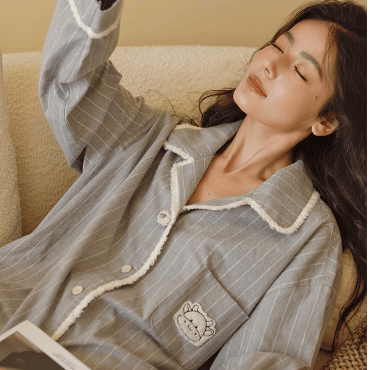Women's grey pinstripe brushed cotton flannel pajama set – view 4