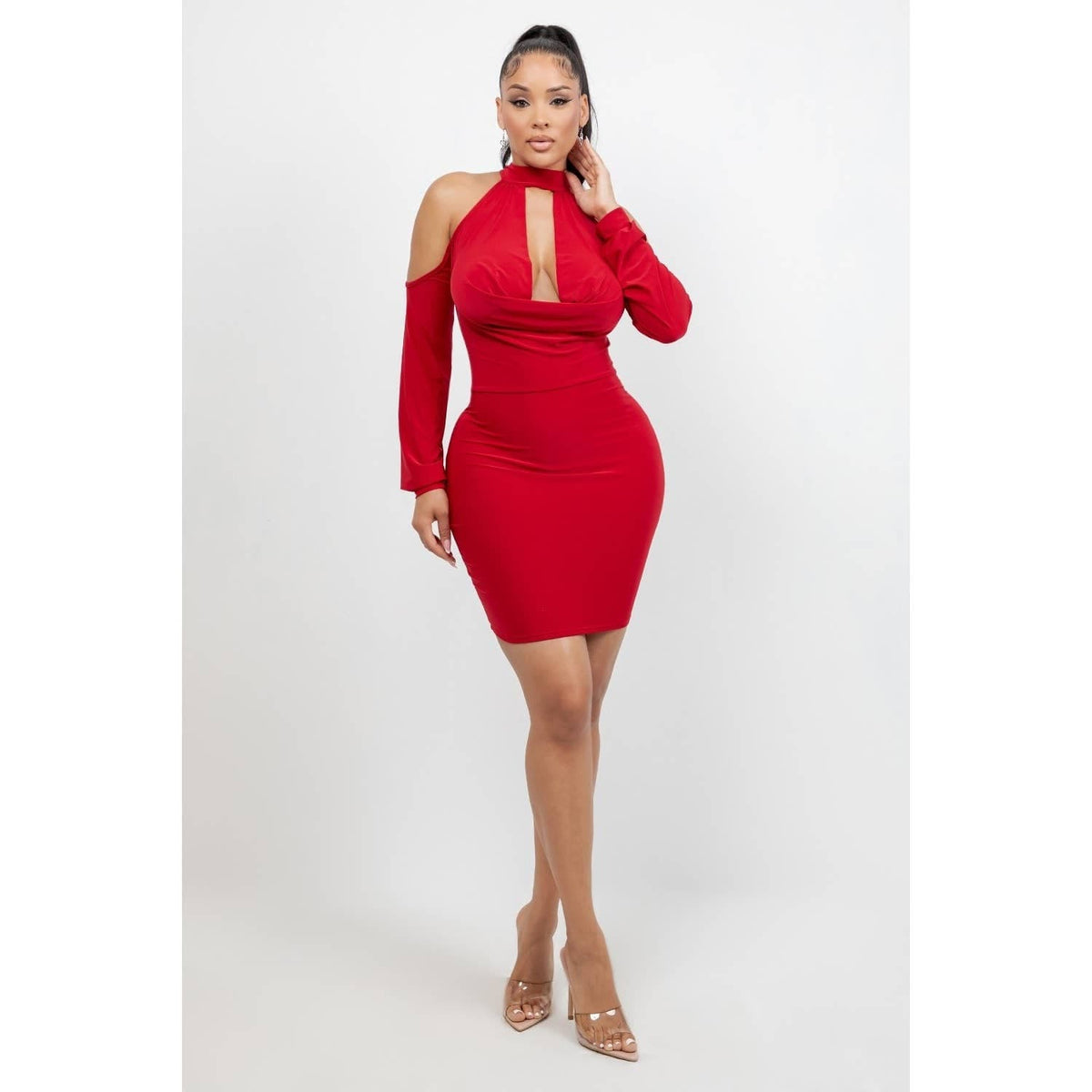 Women's red halter cowl neck long sleeve bodycon mini dress