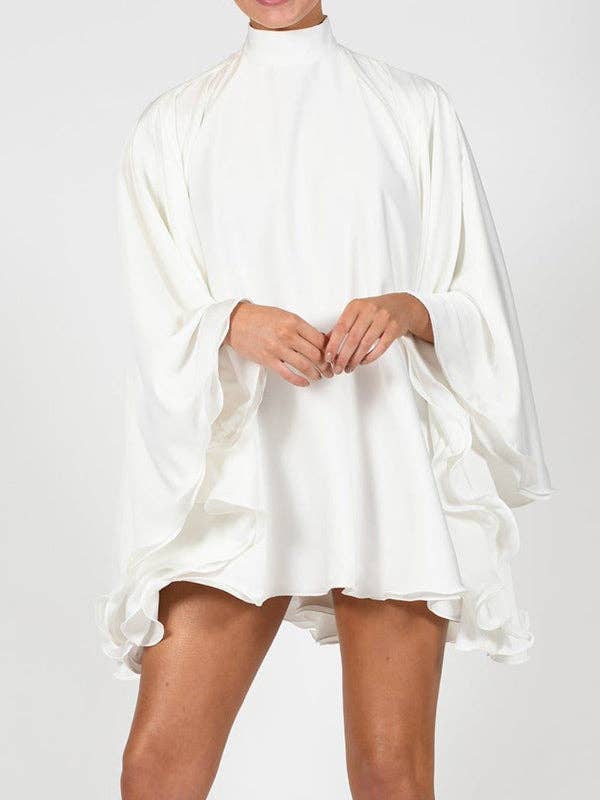 Women's high neck backless flared sleeve mini dress in black or white – styled view