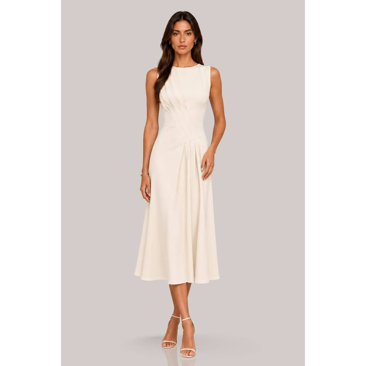 Women's ivory high neck draped pleat A-line midi dress