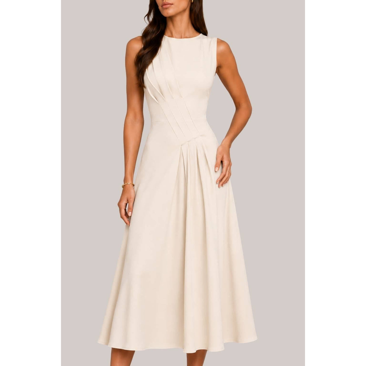 Women's ivory high neck draped pleat A-line midi dress – view 2