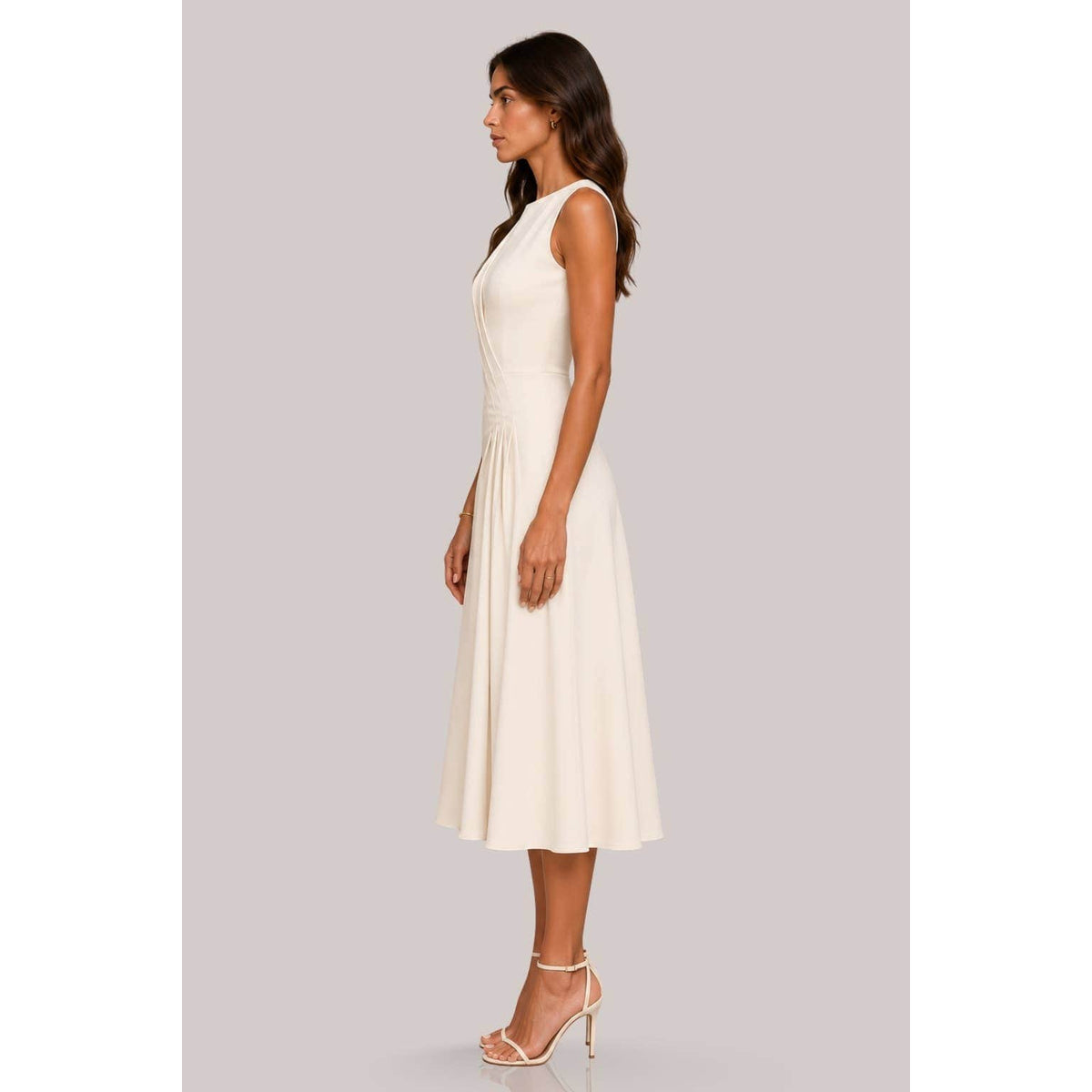 Women's ivory high neck draped pleat A-line midi dress – view 3