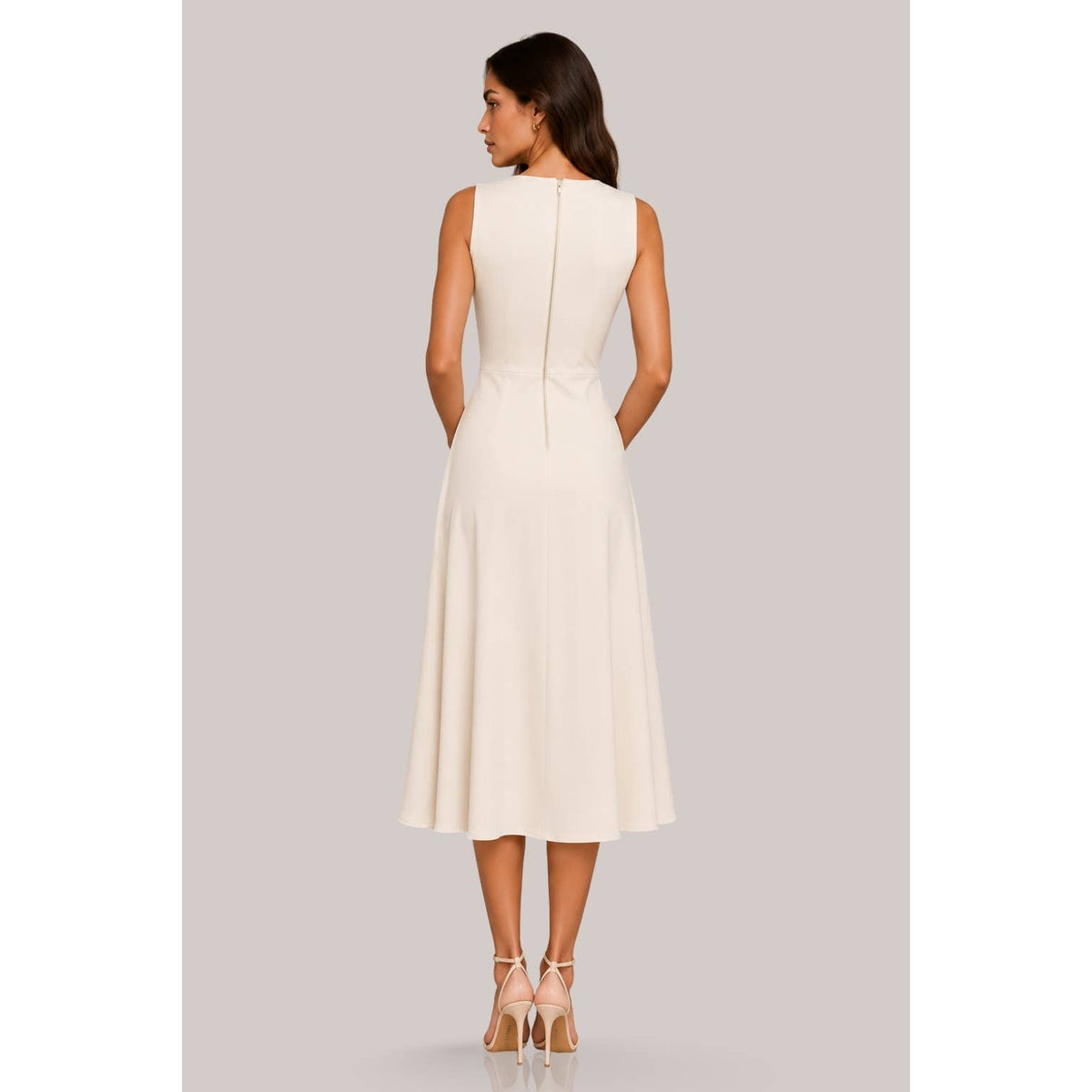 Women's ivory high neck draped pleat A-line midi dress – view 4