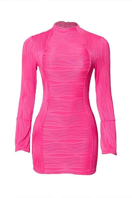 Women's red high neck rib knit long sleeve mini dress on model