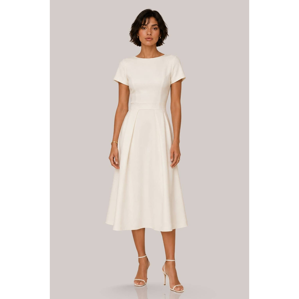 Women's ivory high neck short sleeve fit and flare pleated midi dress