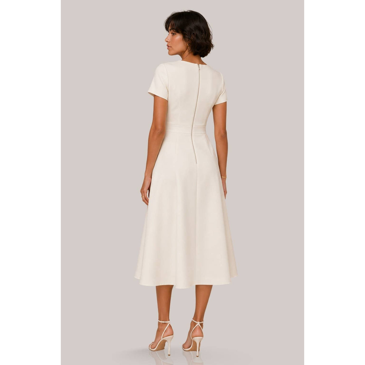 Women's ivory high neck short sleeve fit and flare pleated midi dress