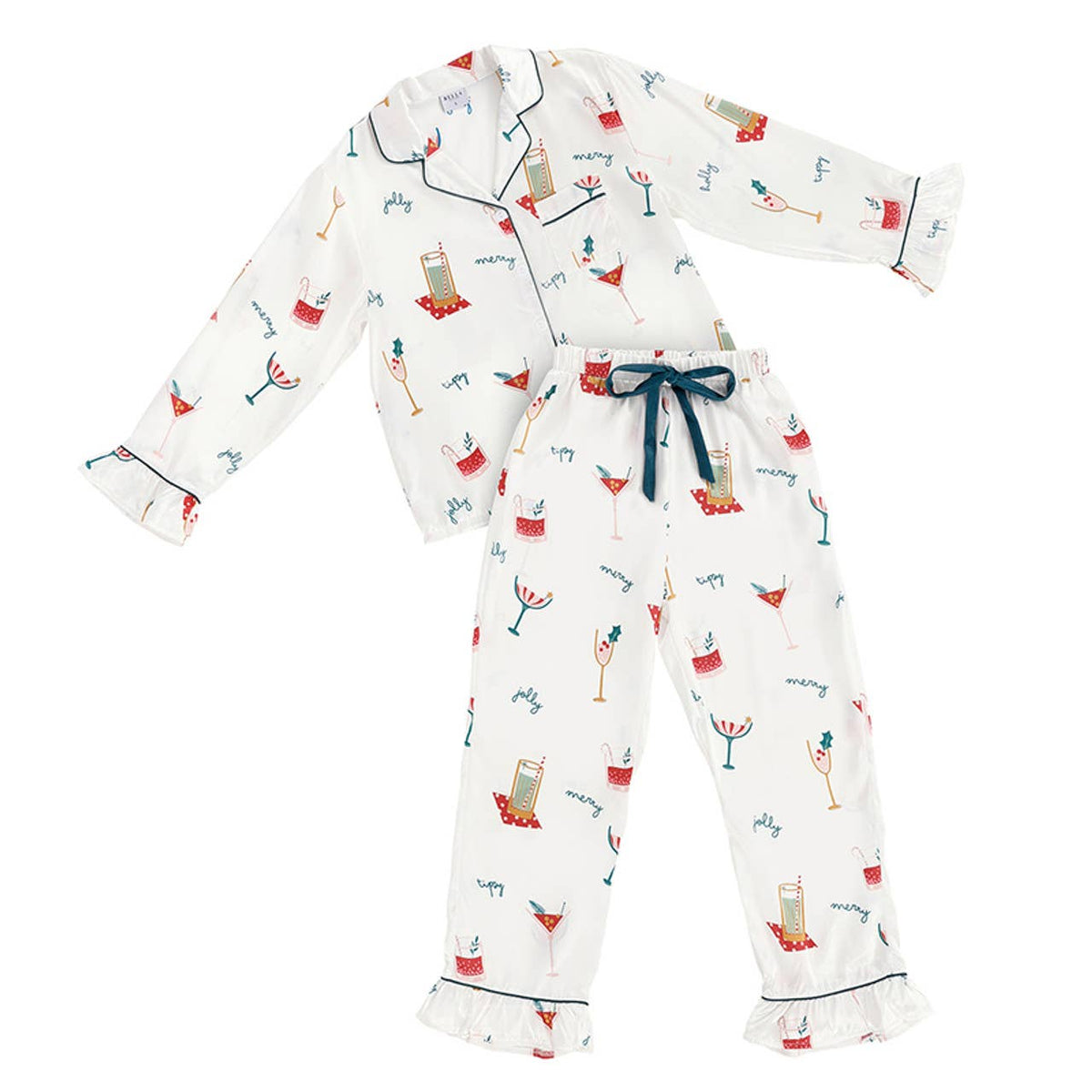 Women's multicolor holiday drinks ruffle satin pajama set with velvet tie