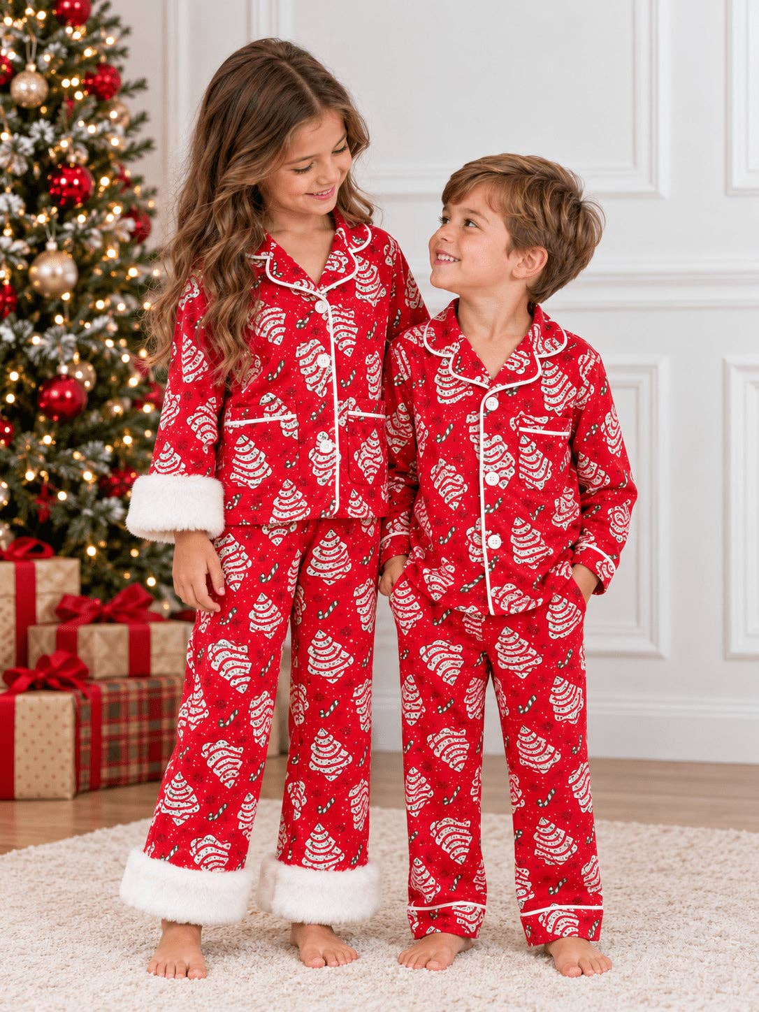 Women's red Christmas tree cake print button-up pajama set with white piping