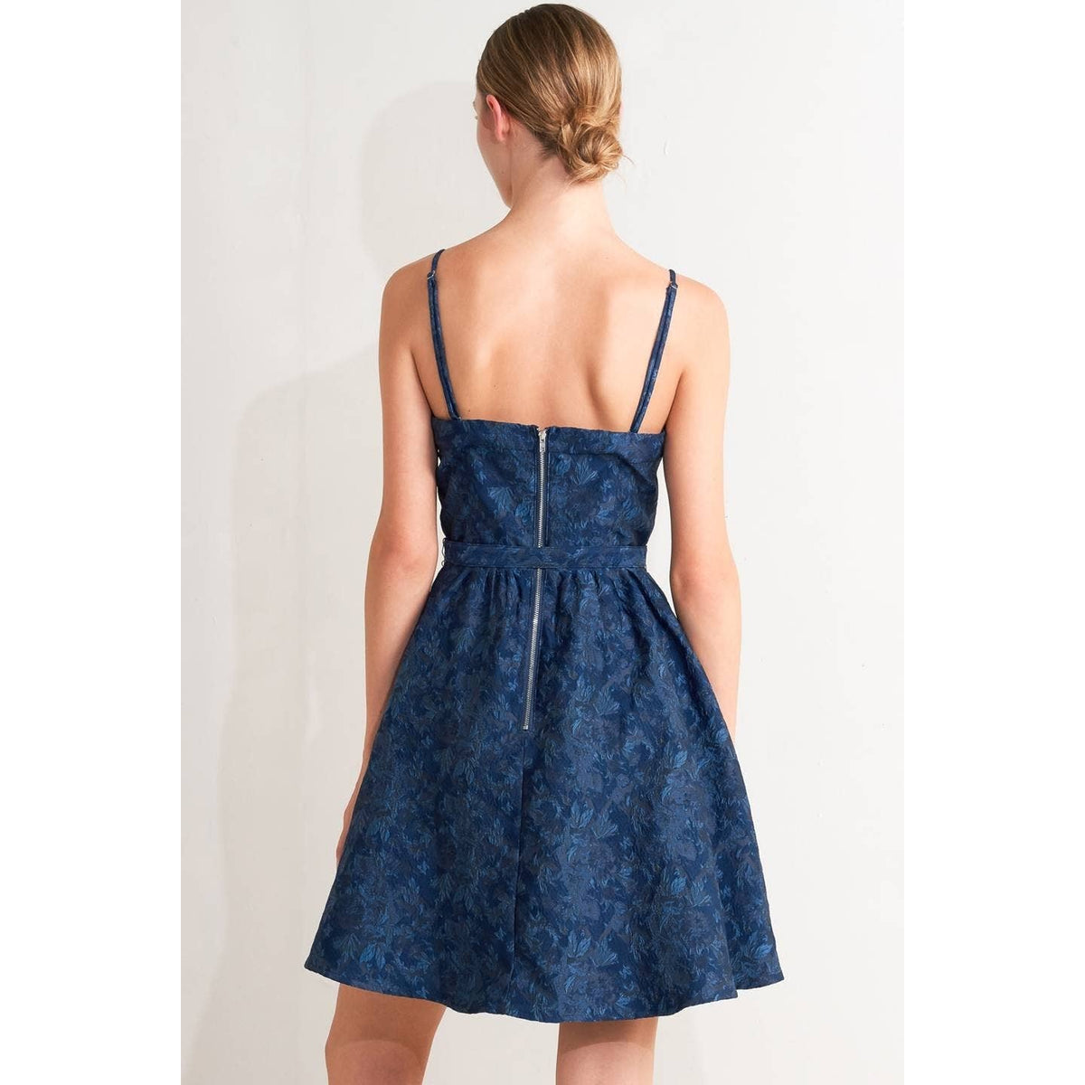 Women's navy jacquard bustier mini dress with self belt and full skirt – photo 3