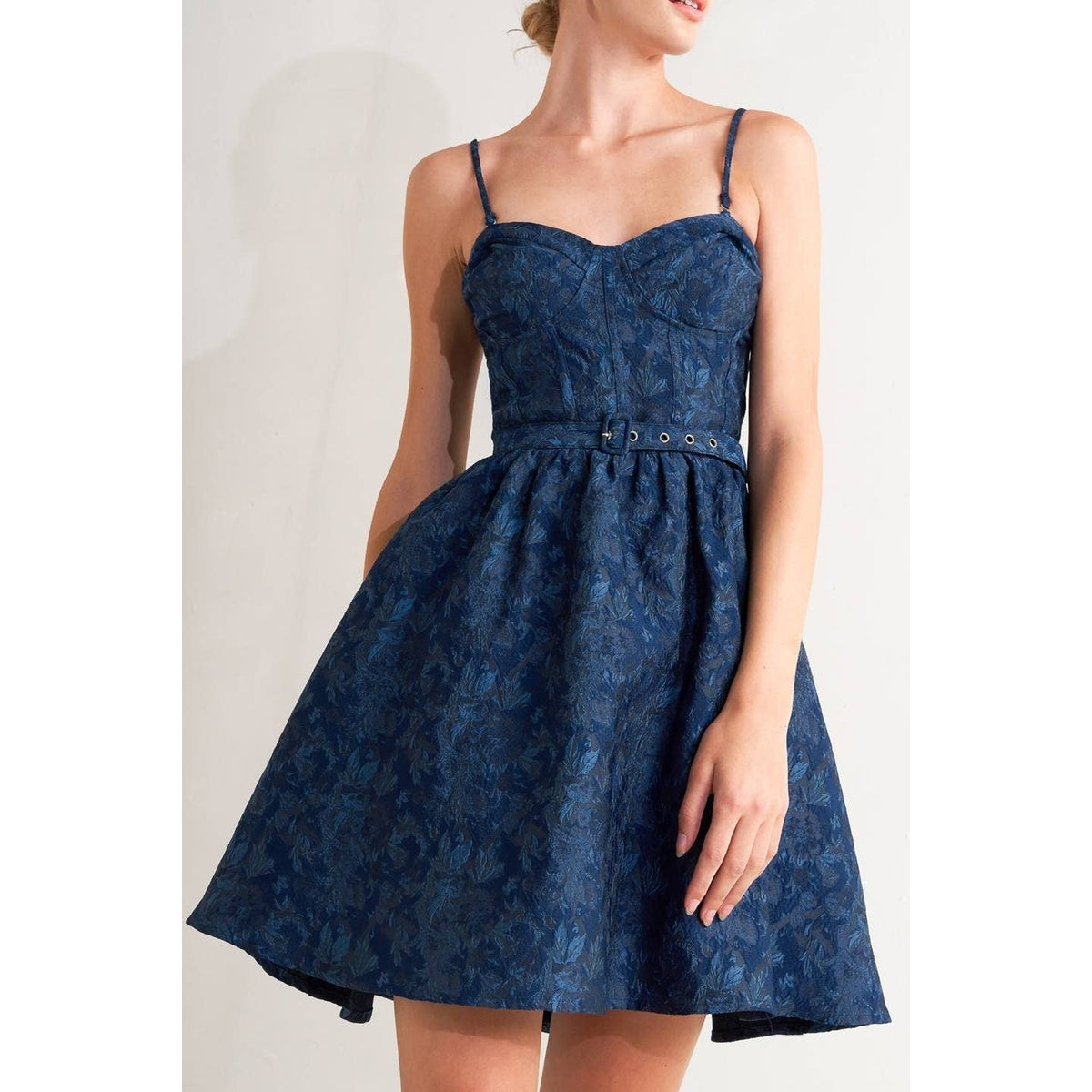 Women's navy jacquard bustier mini dress with self belt and full skirt – photo 4