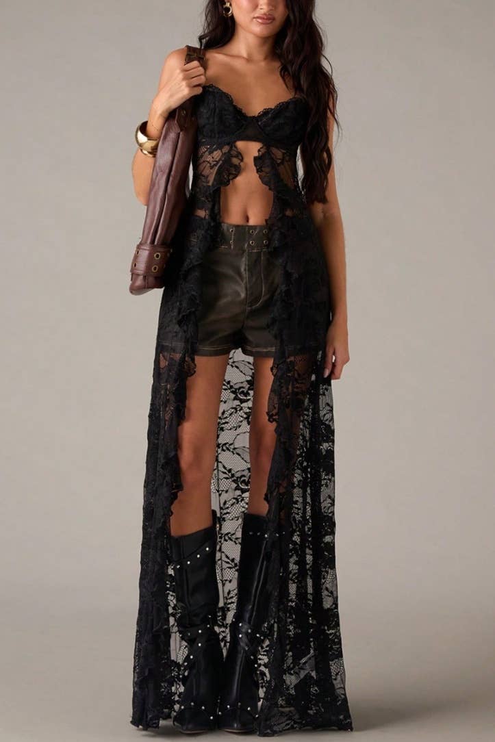 Women's black floral lace corset-style longline camisole top - photo 2
