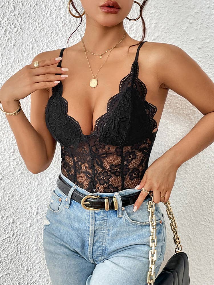 Women's black lace panel v-neck sleeveless strappy bodysuit