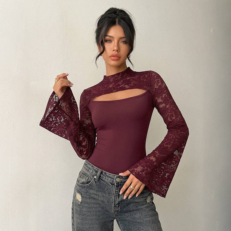 Women's burgundy lace spliced bell sleeve bodycon jumpsuit – front view