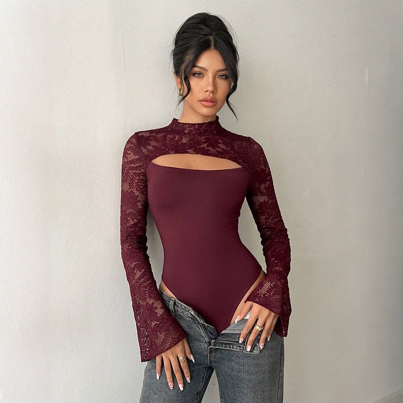 Women's burgundy lace spliced bell sleeve bodycon jumpsuit – view 2