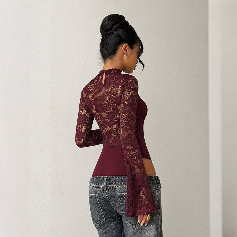 Women's burgundy lace spliced bell sleeve bodycon jumpsuit – view 3