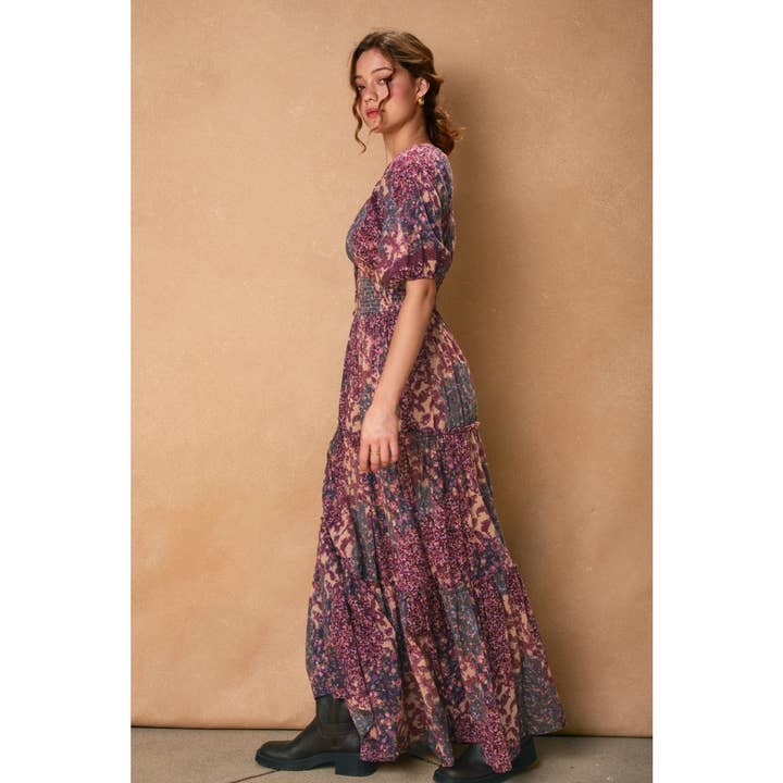 Women's Lavender Plum Floral Puff-Sleeve Tiered Maxi Dress - view 2