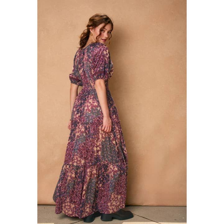 Women's Lavender Plum Floral Puff-Sleeve Tiered Maxi Dress - view 3