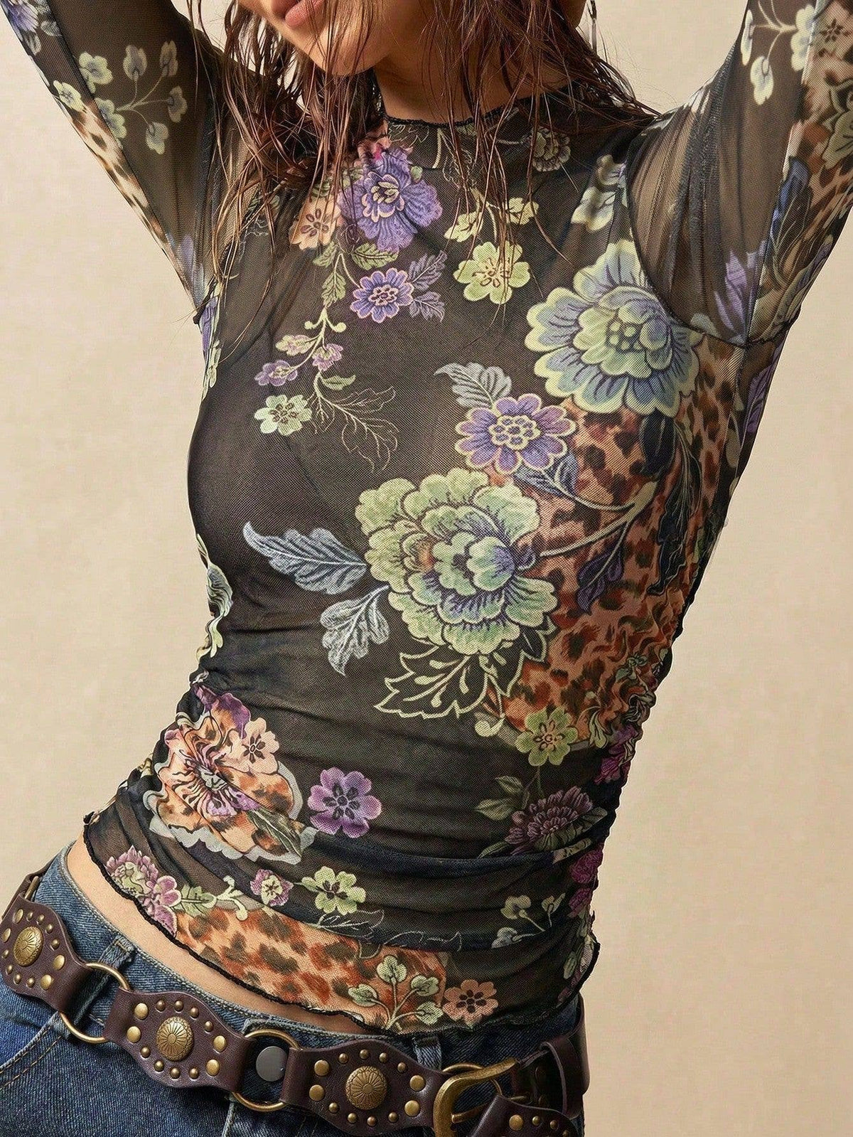 Women's leopard and floral print mesh mock neck long sleeve ruched top - photo 2