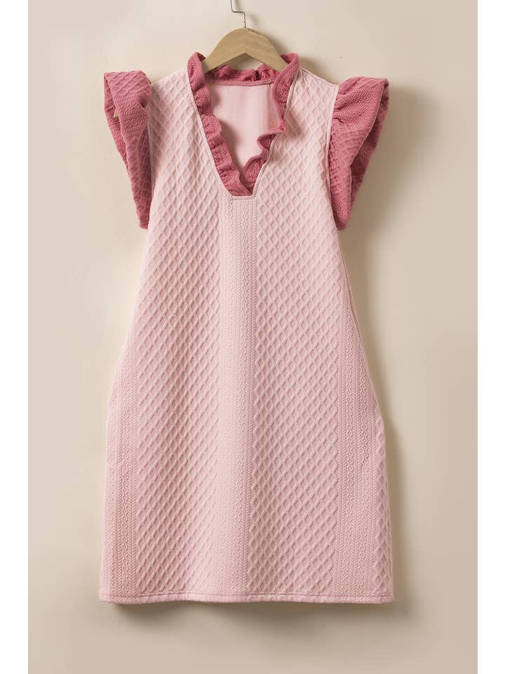 Women's Light Pink Textured Puff-Sleeve Ruffle Mini Dress - front view