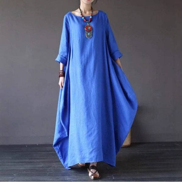 Women's white loose fit cotton linen maxi dress – detail view