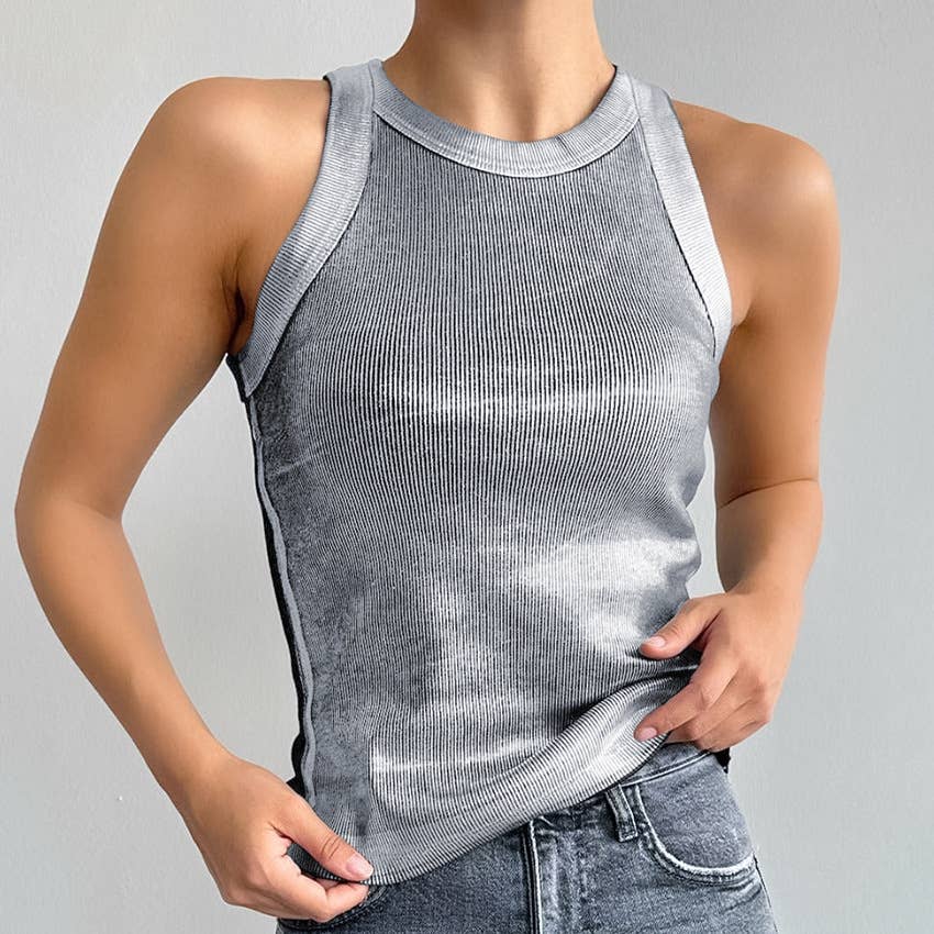 Women's silver metallic crewneck sleeveless tank top