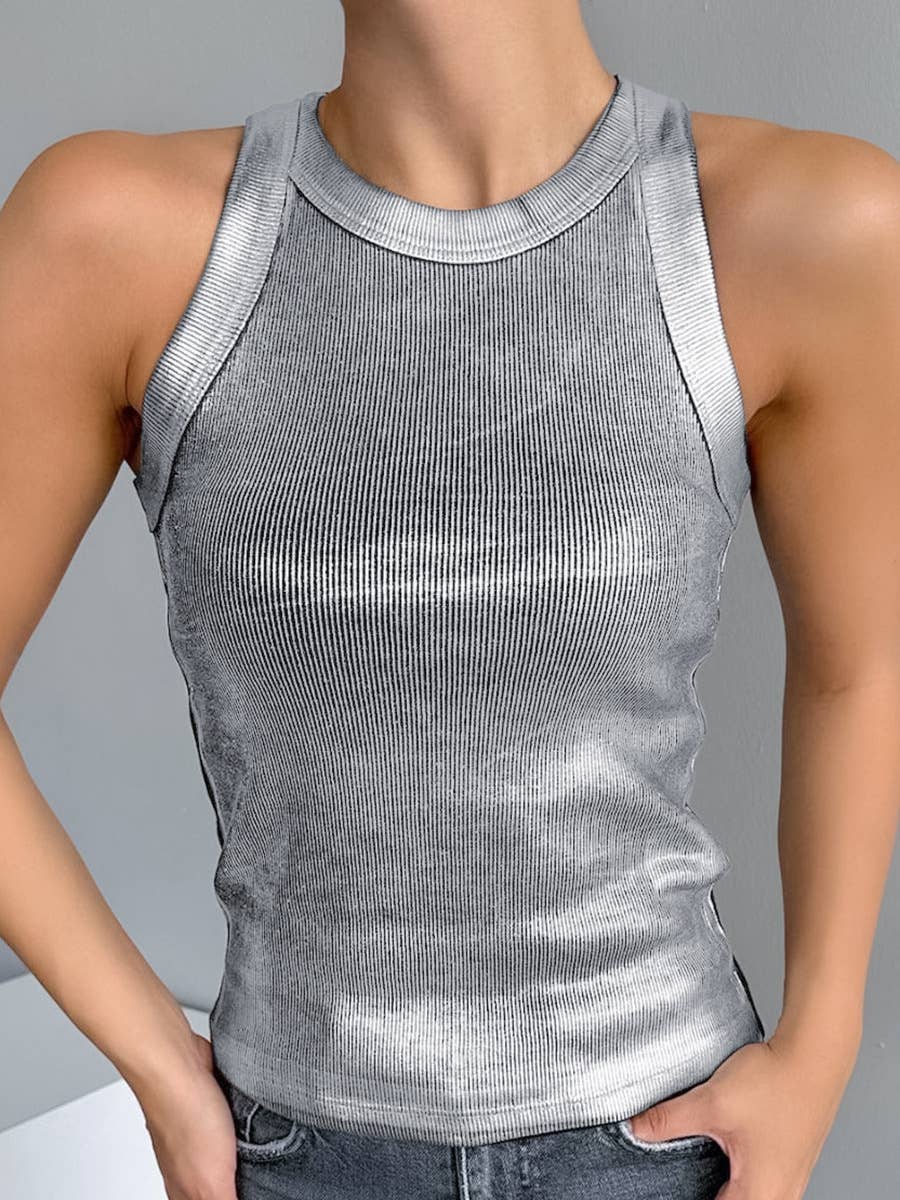 Women's silver metallic crewneck sleeveless tank top - photo 2