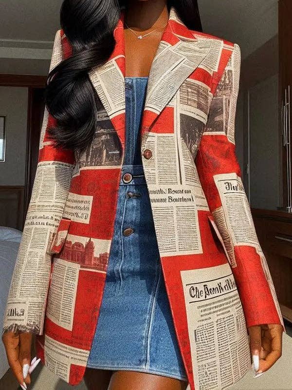 Women's newspaper print oversized pocket blazer in red or white – front view