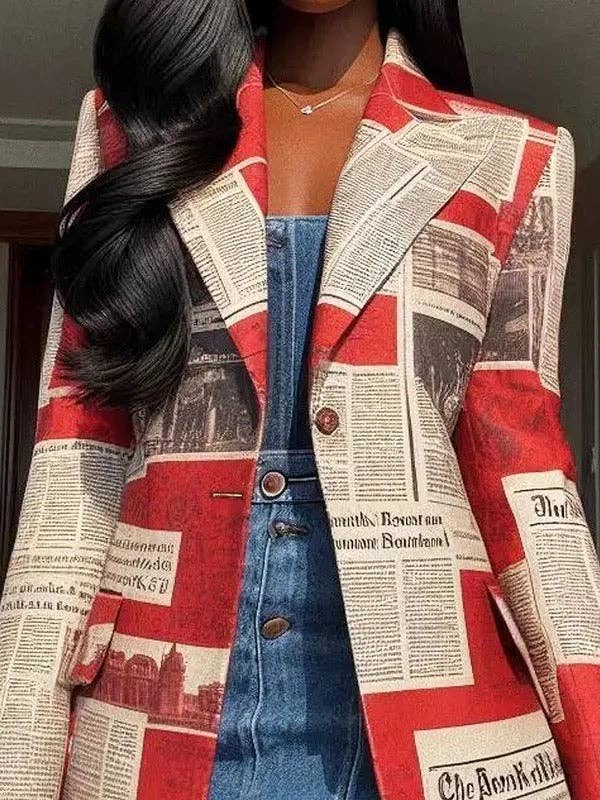Women's newspaper print oversized pocket blazer in red or white – alternate view