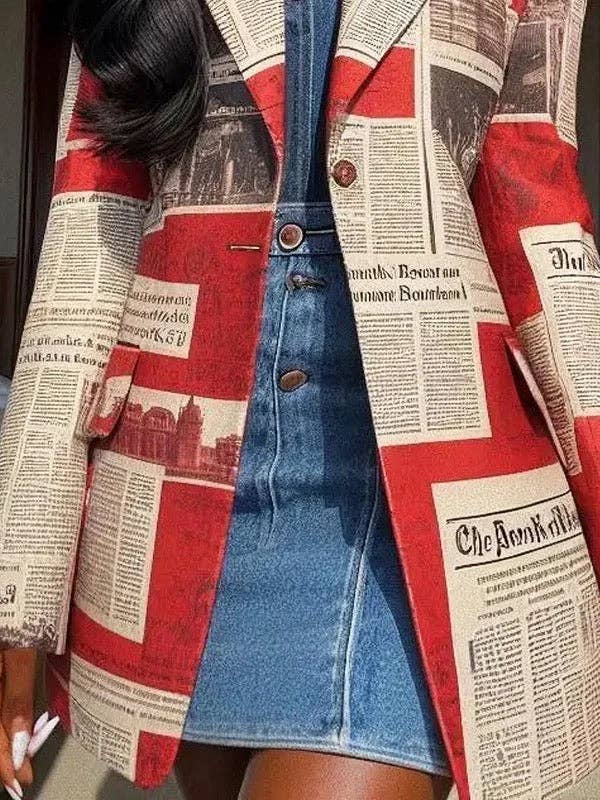 Women's newspaper print oversized pocket blazer in red or white – styled view