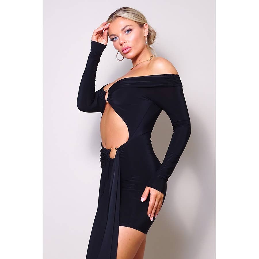 Women's black off-shoulder ring cutout long sleeve bodycon mini dress – view 2
