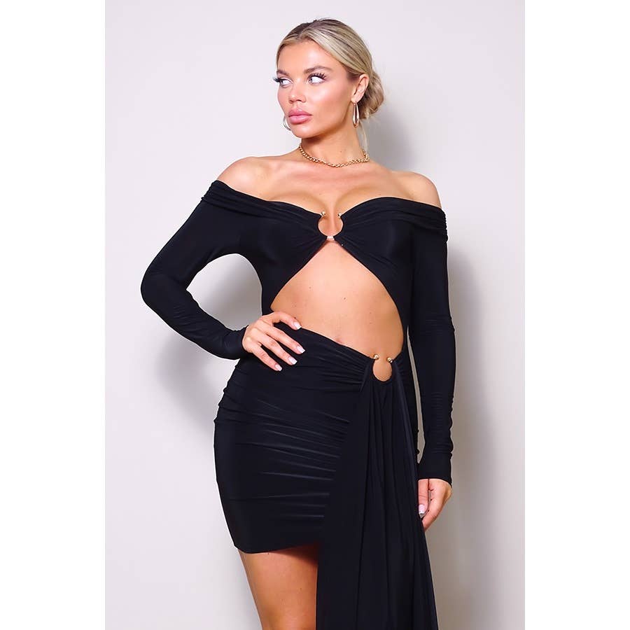 Women's black off-shoulder ring cutout long sleeve bodycon mini dress – view 4