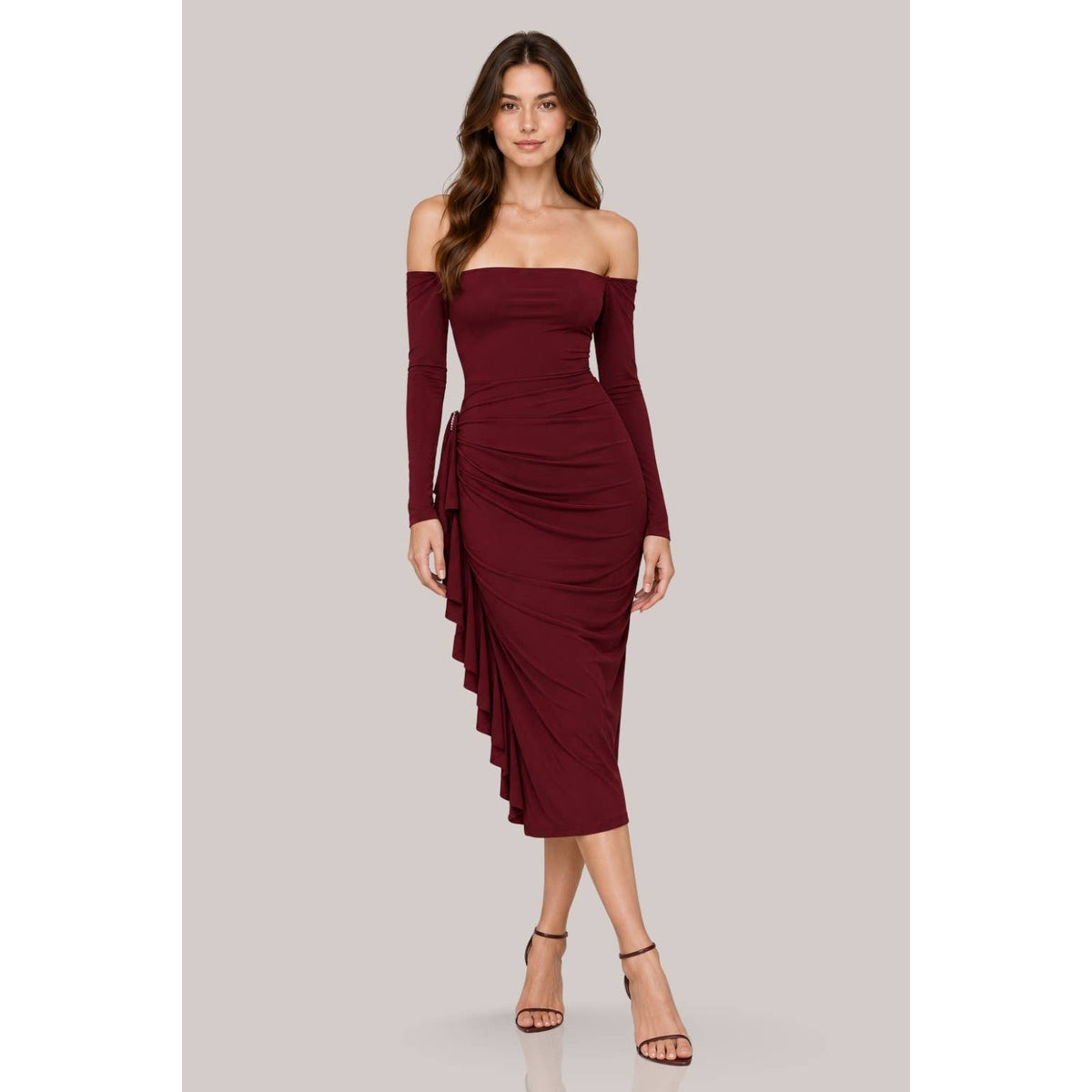 Women's burgundy off-shoulder ruched long sleeve midi dress