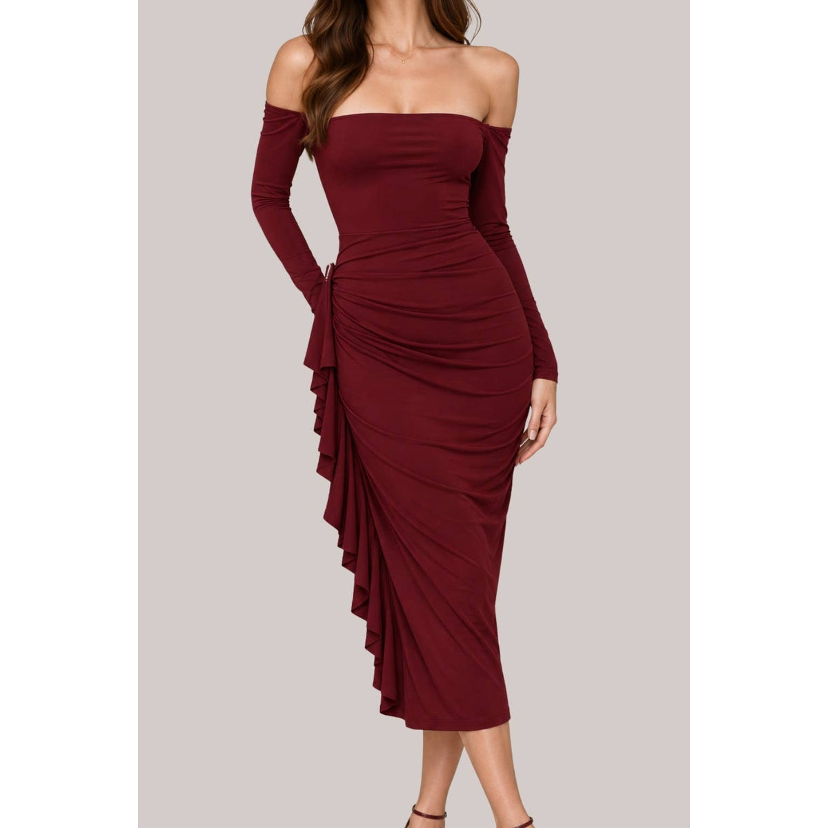 Women's burgundy off-shoulder ruched long sleeve midi dress – view 2