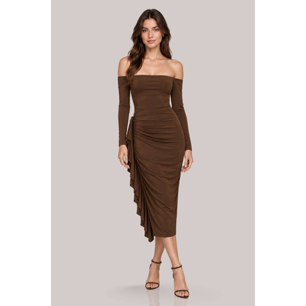 Women's burgundy off-shoulder ruched long sleeve midi dress – view 4