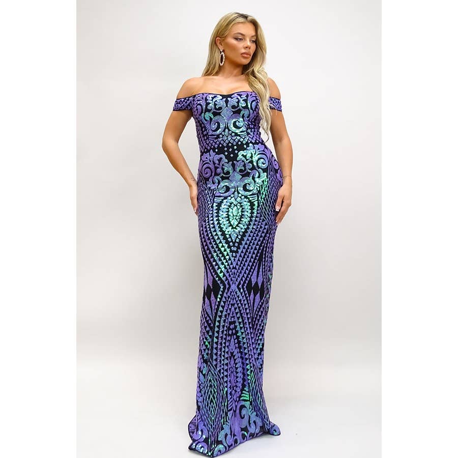 Women's purple off-shoulder sequin sweetheart maxi gown