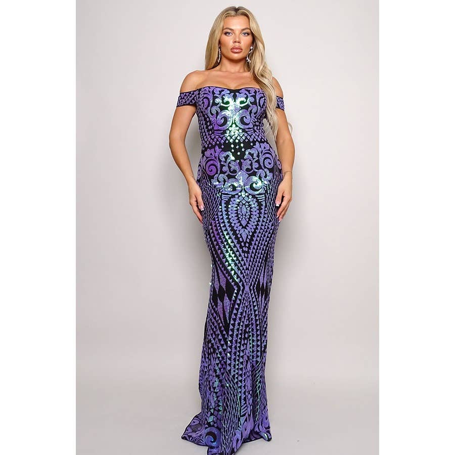 Women's purple off-shoulder sequin sweetheart maxi gown